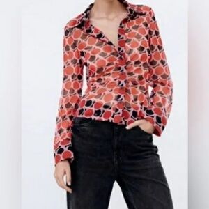 ZARA Button Down Red And Black Mesh Groovy retro  Long Sleeve Blouse Size small